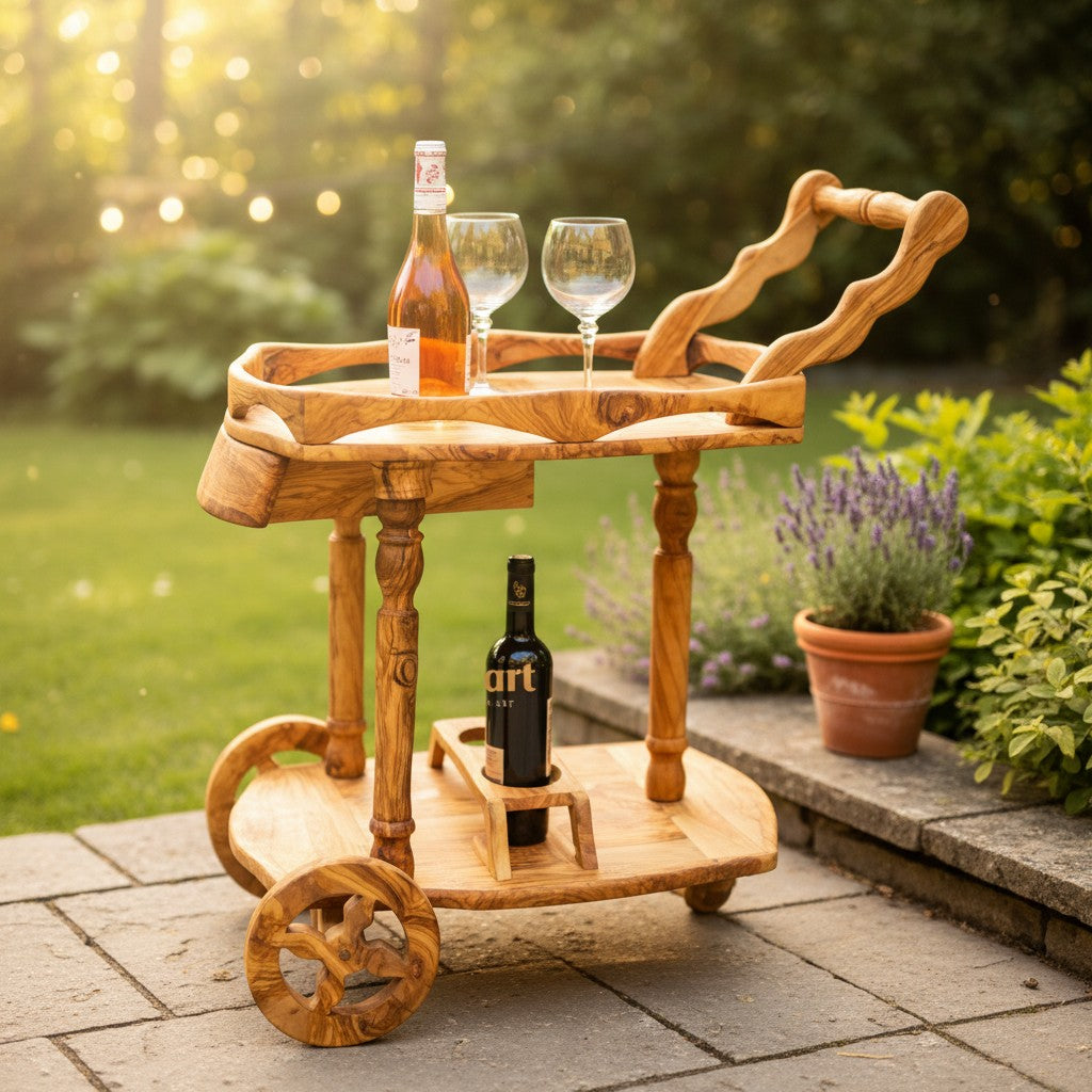 Olive Wood Display Cart, Wooden wine cart, Beautiful bar cart, artisanal cart, handmade, home decor, gift