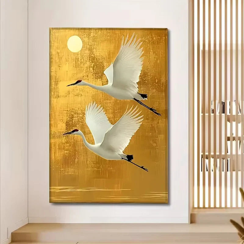 Modern Japanese Crane Canvas Posters – Elegant White Bird Wall Art Print