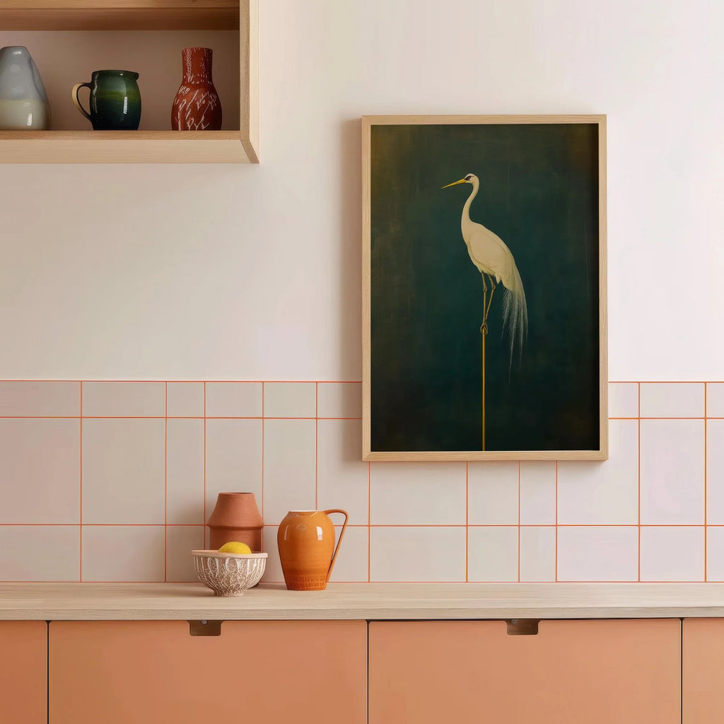 Japanese Crane Canvas Print – Elegant Green & White Bird Wall Art (Unframed)