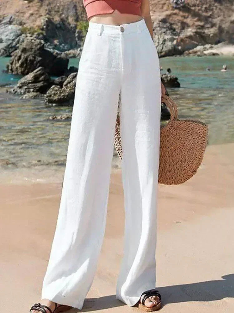 Women’s Cotton Linen Wide Leg Pants – High Waist Loose Fit Summer Trousers, Full Length Casual