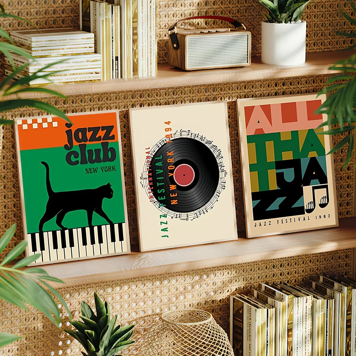 Vintage Jazz Music Poster Print – Retro Album Cover Art, Black Cat Piano, Vinyl Record & Festival Design Wall Art for Living Room Decor