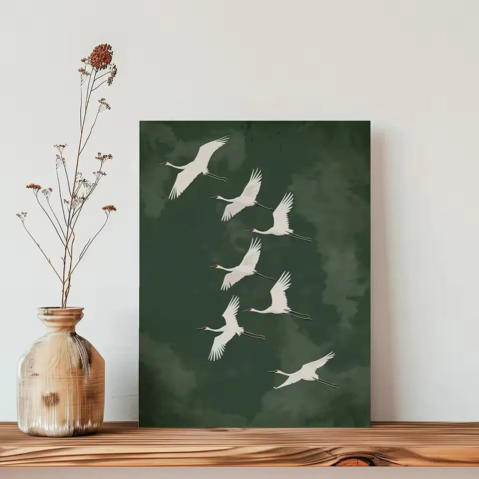 Modern Japanese Crane Canvas Posters – Elegant White Bird Wall Art Print