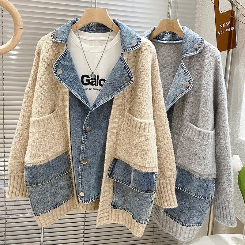 Women’s Denim Splice Knit Cardigan Jacket – Long Sleeve Oversized Patchwork Sweater Coat (Grey or Beige)