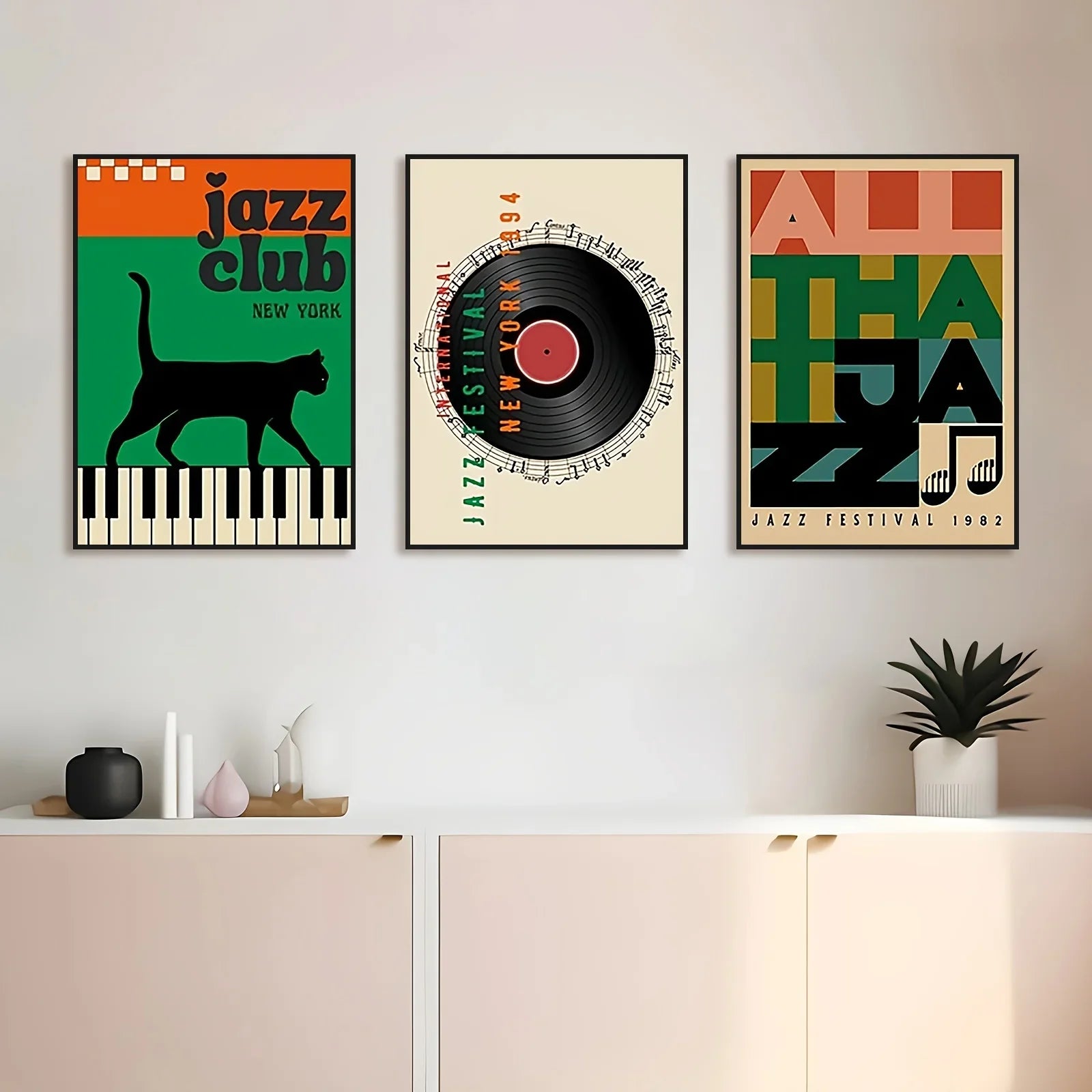 Vintage Jazz Music Poster Print – Retro Album Cover Art, Black Cat Piano, Vinyl Record & Festival Design Wall Art for Living Room Decor