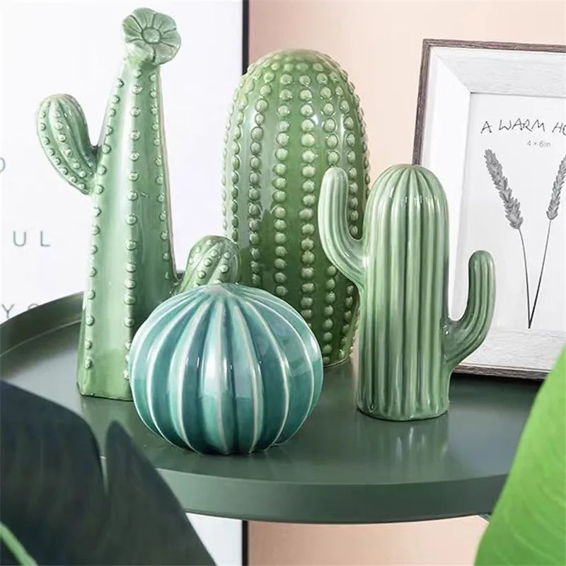 Ceramic Cactus Ornament – Nordic Green Decorative Home Art Sculpture