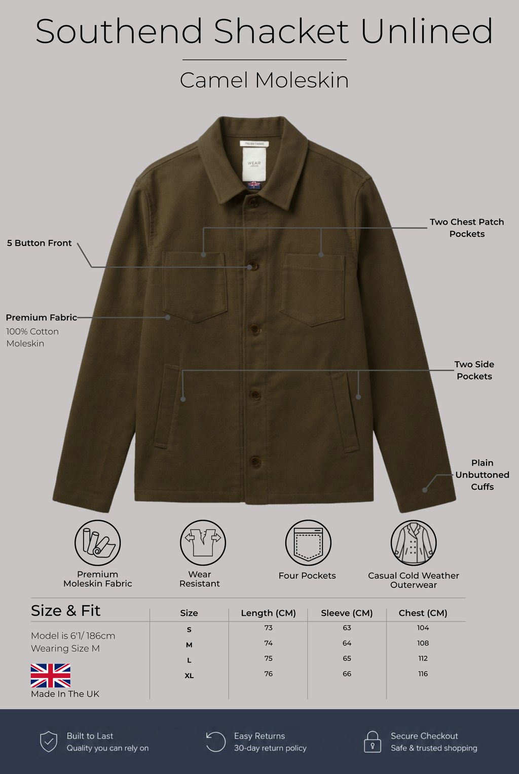 Southend Shacket Unlined - Camel Moleskin
