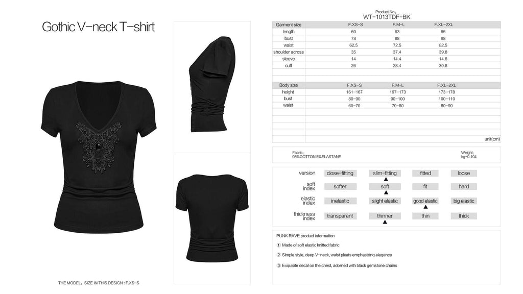 Punk Rave Armida V-Neck T-Shirt – Cotton Waist Pleat Top with Decal