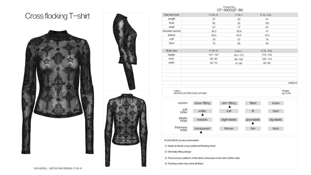 Punk Rave Ravena Cross Flocking Mesh Top – Gothic Sheer Long Sleeve