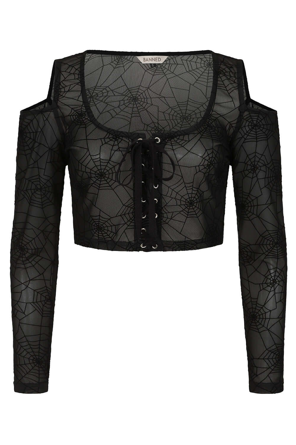 Banned Apparel Seraphina Mesh Top – Gothic Spiderweb Lace-Up Crop Black
