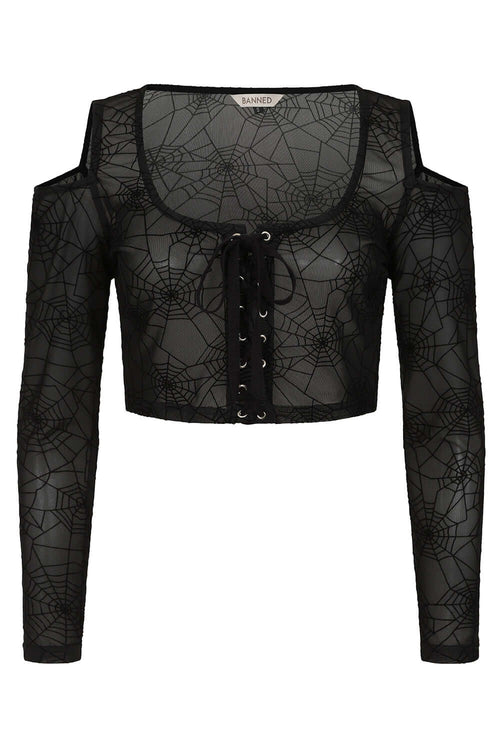 Banned Apparel Seraphina Mesh Top – Gothic Spiderweb Lace-Up Crop Black