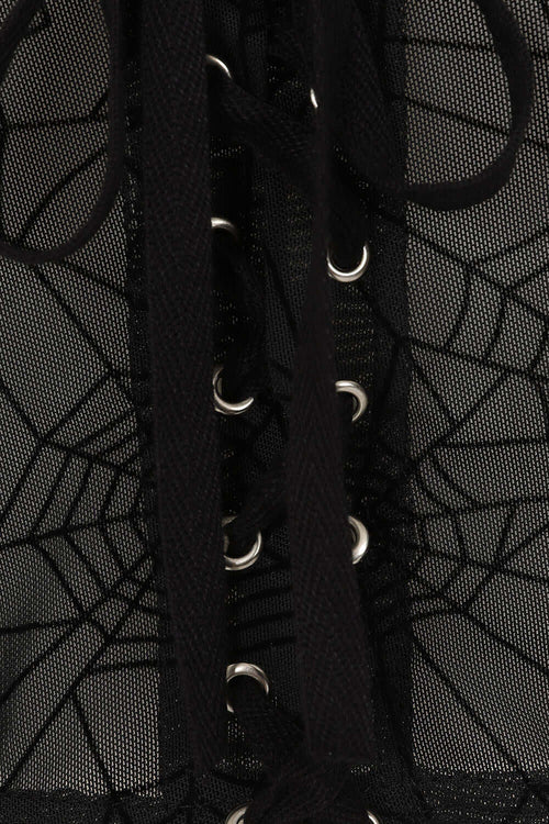 Banned Apparel Seraphina Mesh Top – Gothic Spiderweb Lace-Up Crop Black