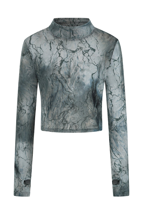 Banned Apparel Dysnomia Grey Marble Mesh Crop Top with Thumbholes