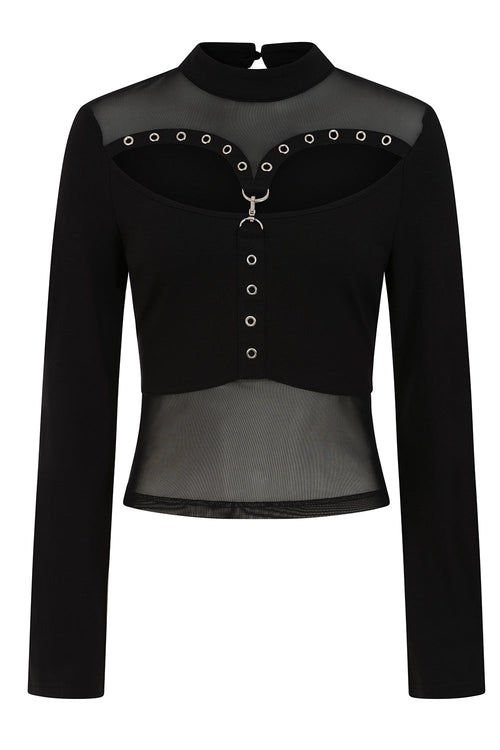 Banned Cordelia Goth Top – Black Sheer Mesh Long Sleeve with D-Ring