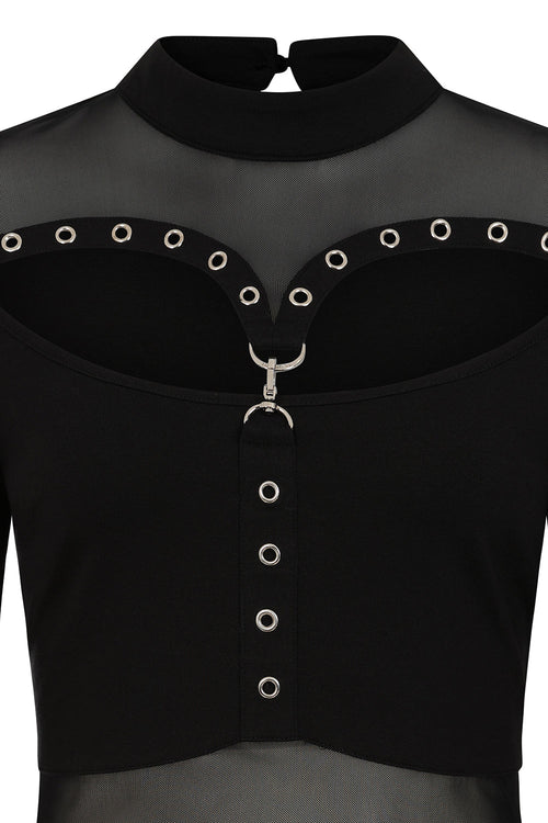 Banned Cordelia Goth Top – Black Sheer Mesh Long Sleeve with D-Ring