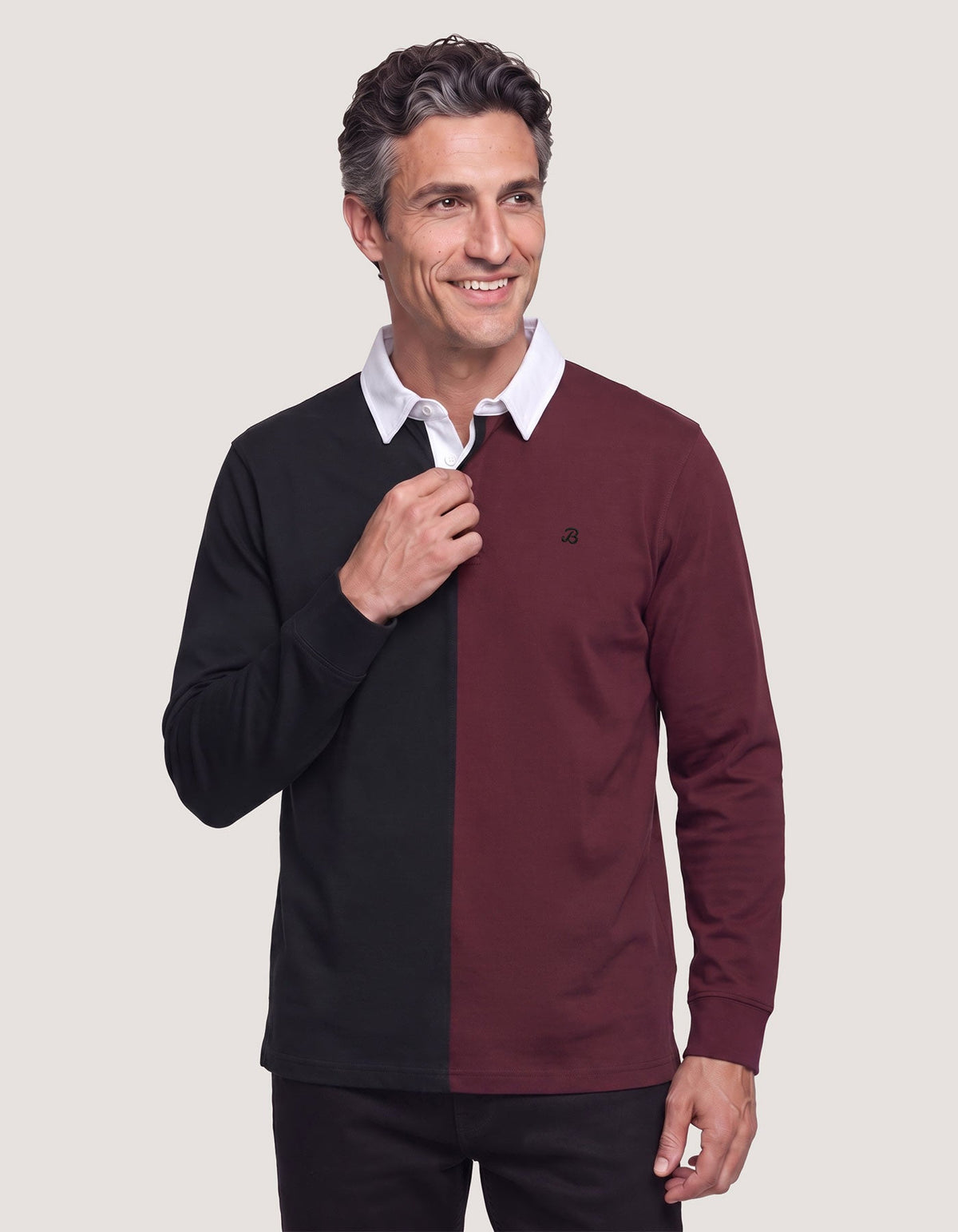 Black and Maroon Colour Block Rugby Shirt