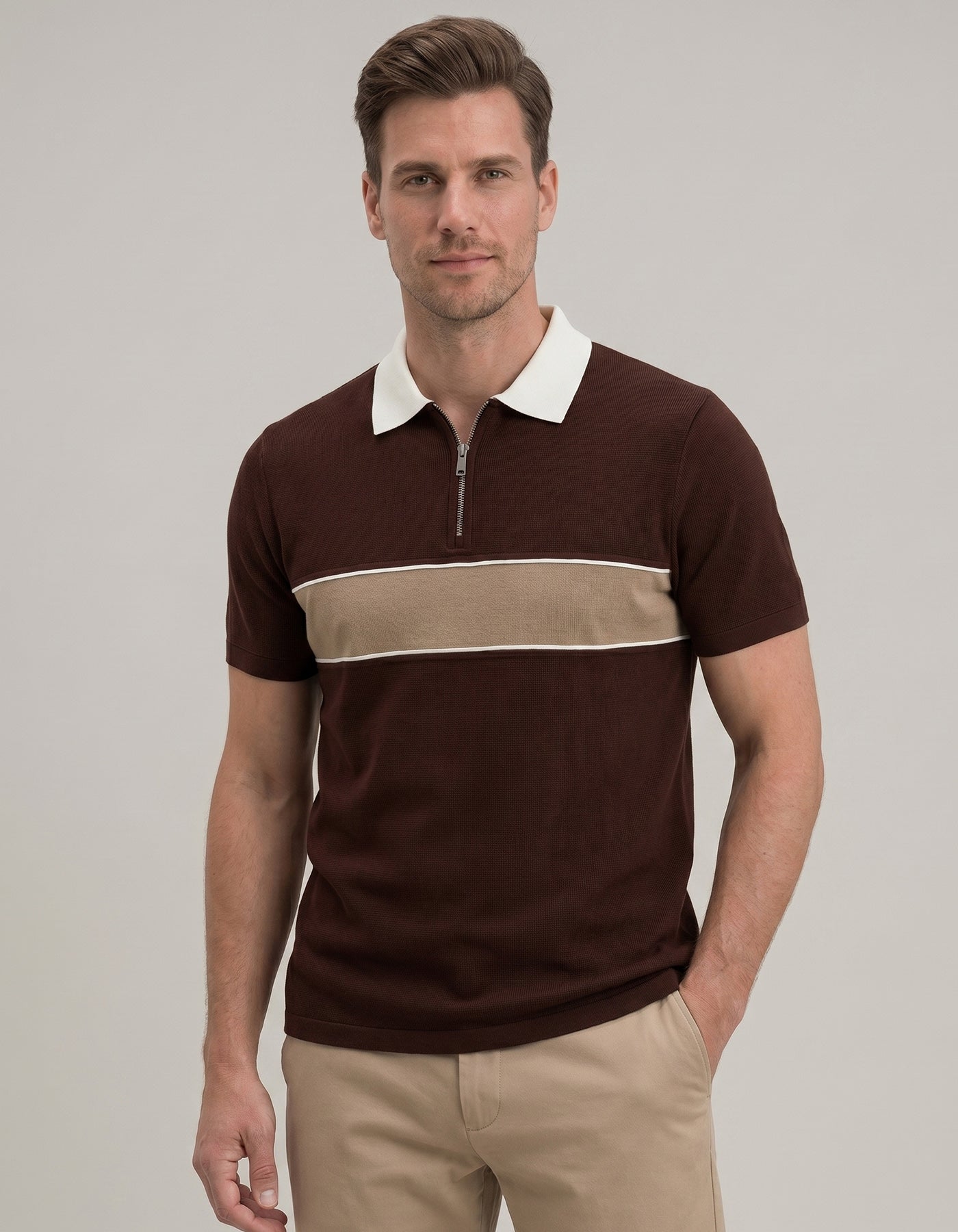 Brown Zip Neck Polo Shirt