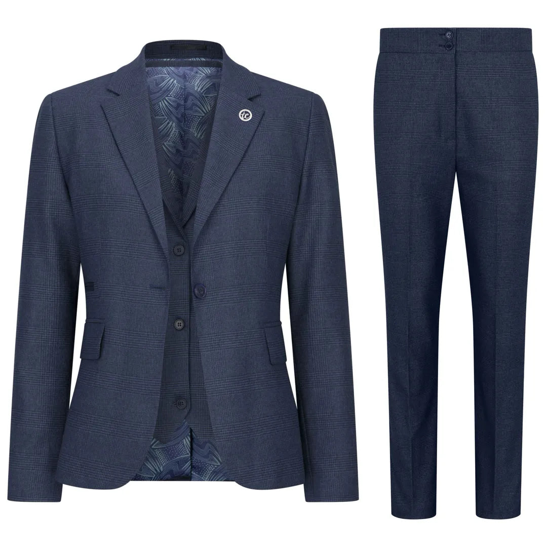 TPW52 - Women's Navy 3 Piece Prince Of Wales Check Suit