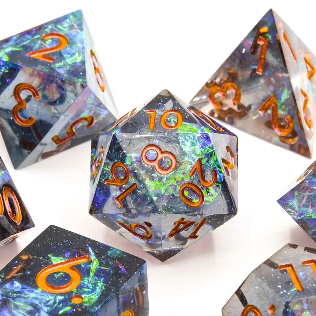 Cosmic Veil | Sharp Edge Dice | Resin | 7 Piece Set