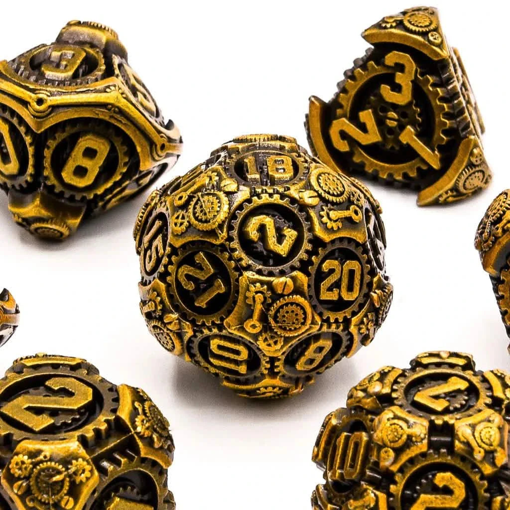 Gilded Machinations | Solid Metal Dice | 7 Piece Set
