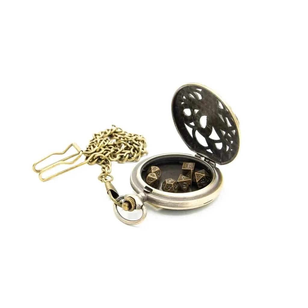 Kraken's Keepsake | Pocket Watch Dice Case | Mini Dice | Ancient Gold
