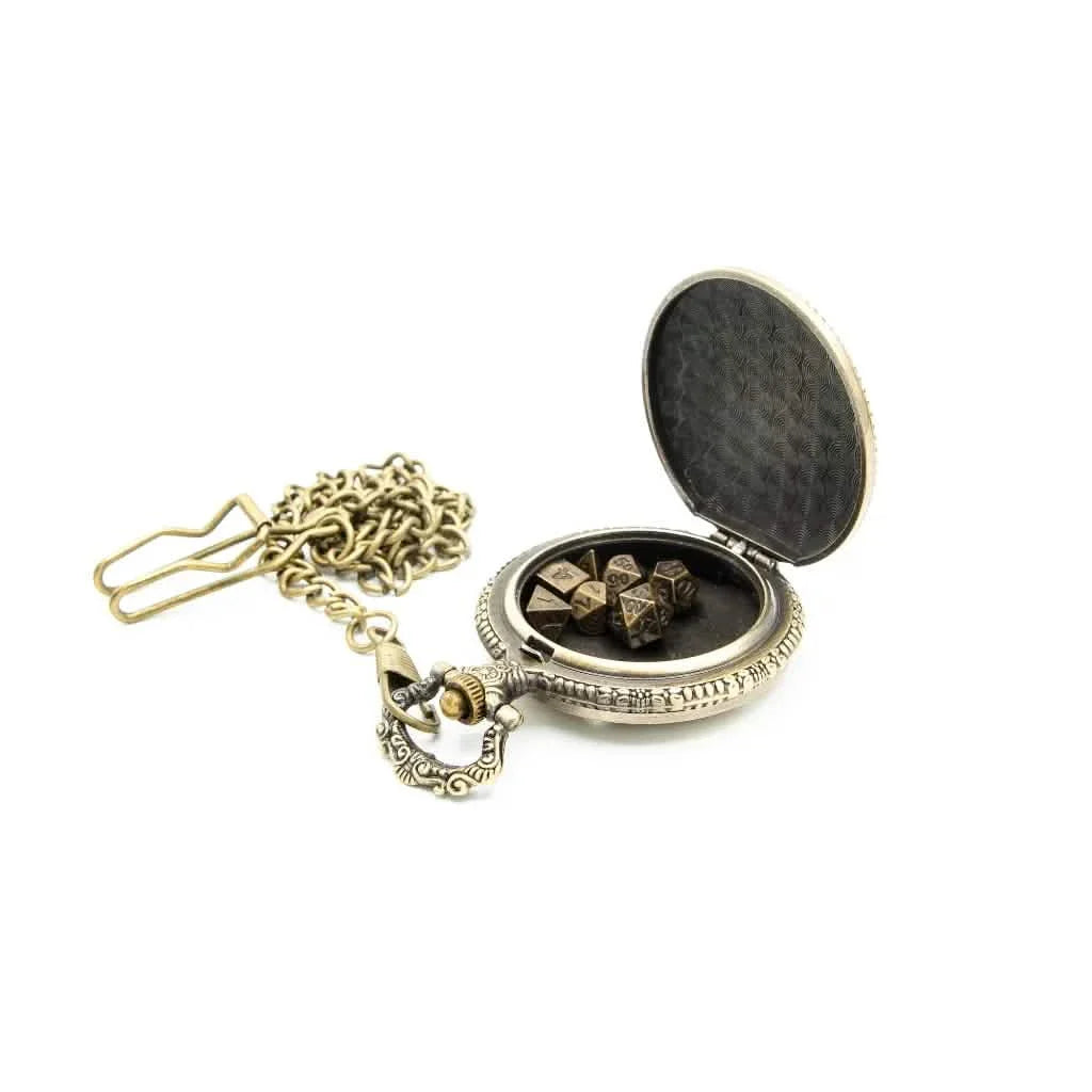 Fate's Guardian | Pocket Watch Dice Case | Mini Dice | Ancient Gold