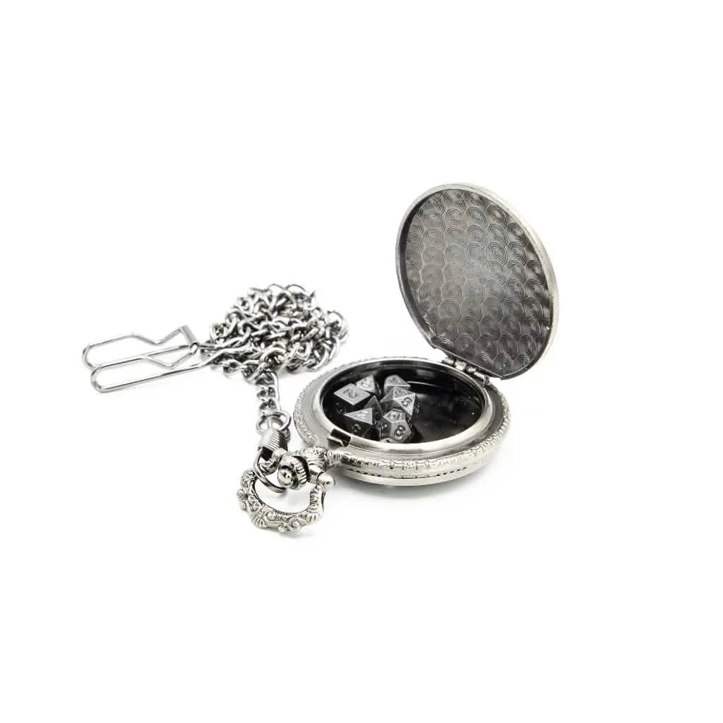 Fate's Guardian | Pocket Watch Dice Case | Mini Dice | Ancient Silver