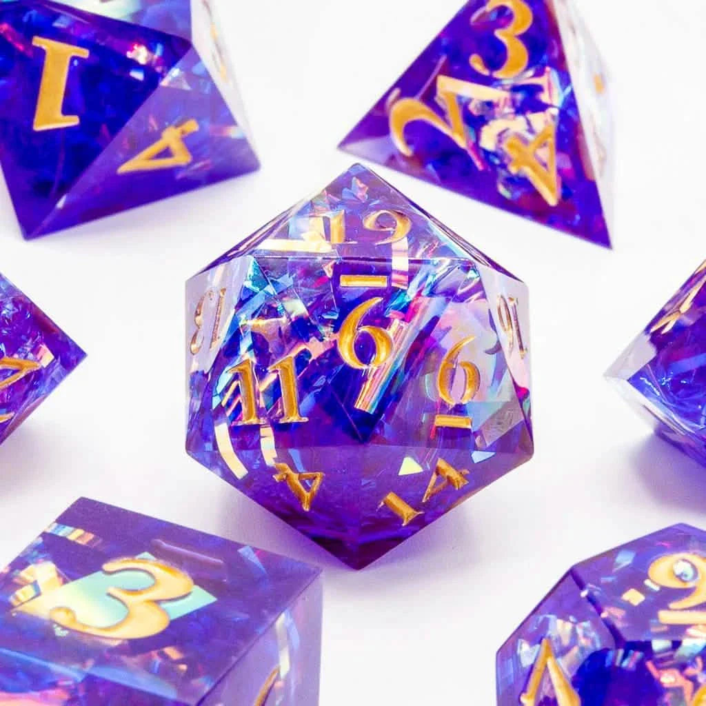Amethyst Spark | Sharp Edge Dice | Resin | 7 Piece Set