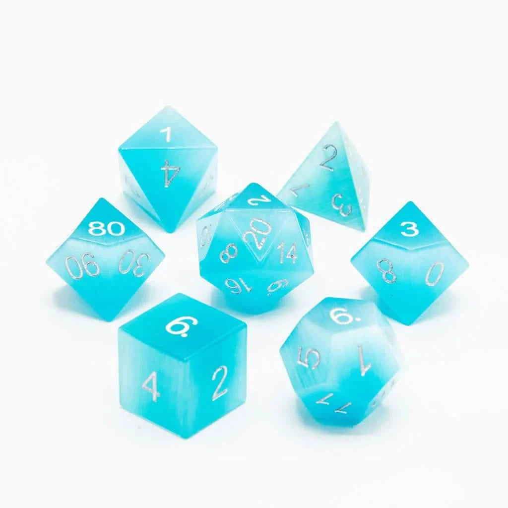Pale Blue Cats Eye | Gemstone Dice | 7 Piece Set