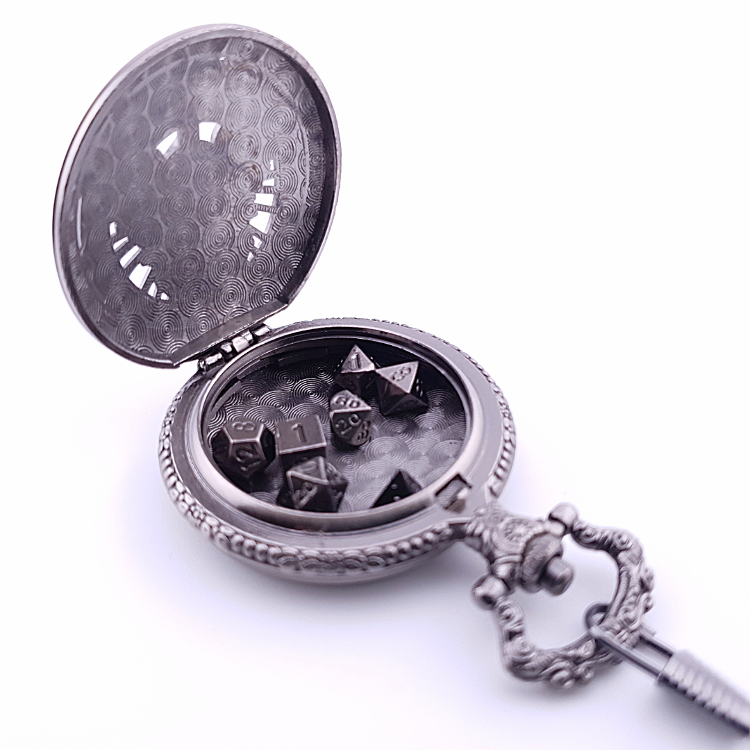 Arcane Overseer | Pocket Watch Dice Case | Mini Dice | Ancient Silver