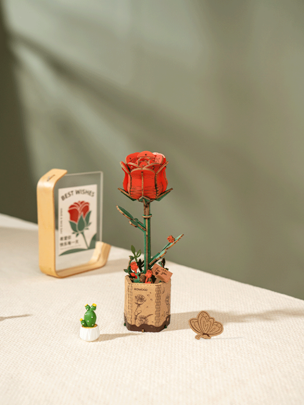 Snaps Red Rose 3D Wooden Puzzle - DIY Flower Craft Kit Home Decor