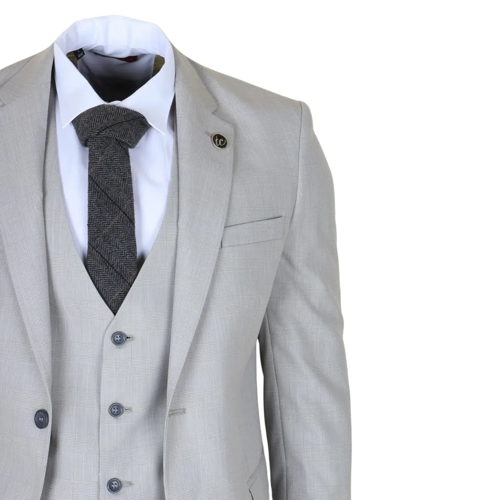 IM31 - Men's Grey 3 Piece Prince Of Wales Check Suit