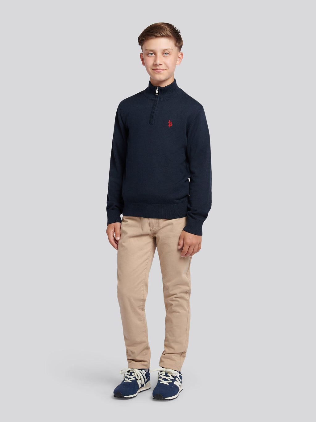 Boys Knitted Cotton Rich 1/4 Zip Dark Sapphire Navy / Haute Red DHM