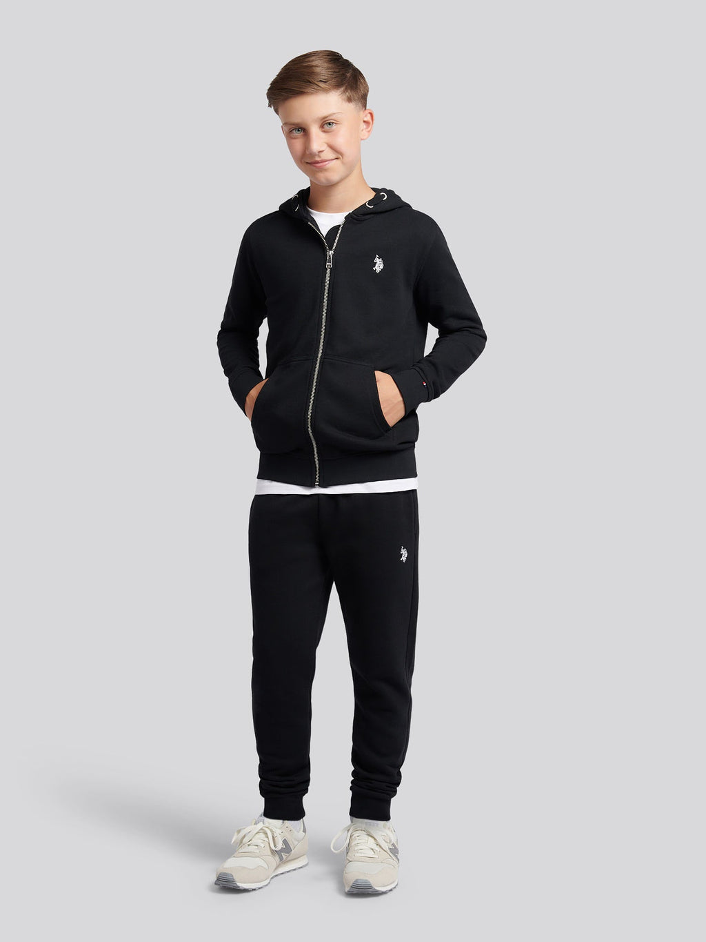 Boys Double Horsemen Zip Hoodie Black Bright White DHM