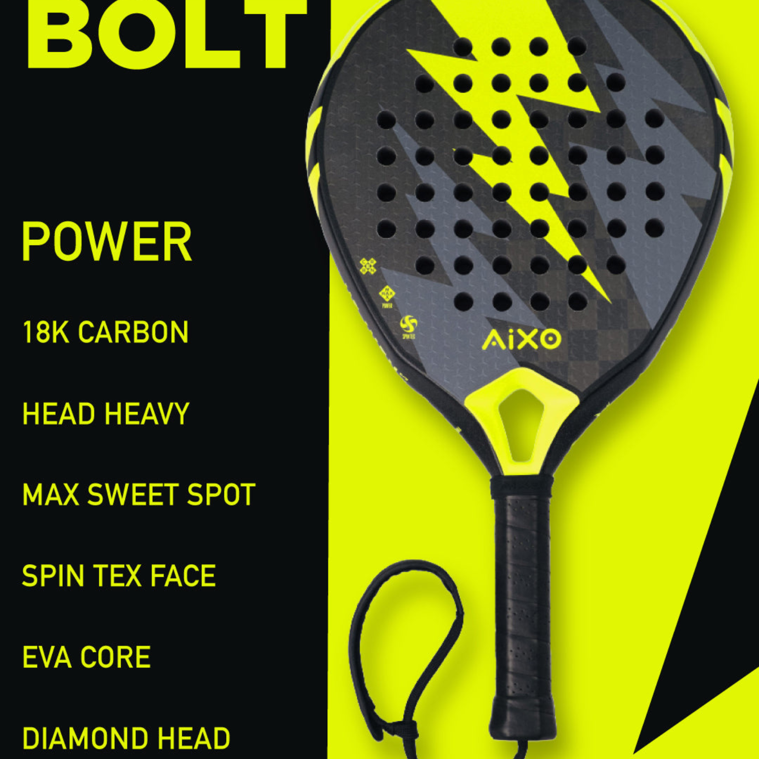 AIXO Insane Bolt Padel Racket – 18K Carbon Diamond Power Racket