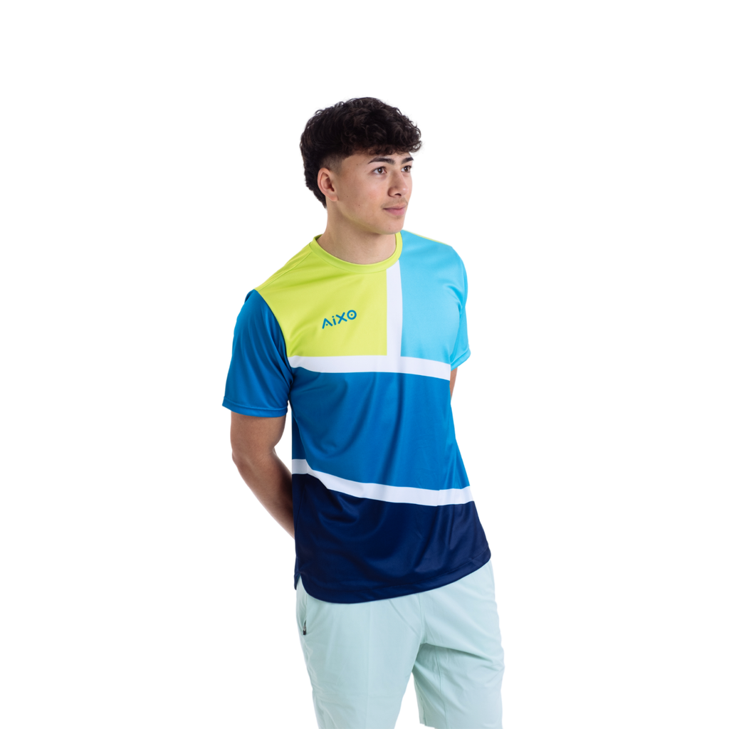 AIXO Court Men's Performance T-Shirt | Teal Geometric Recycled Poly