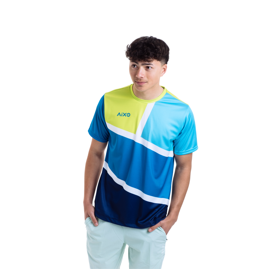 AIXO Court Men's Performance T-Shirt | Teal Geometric Recycled Poly