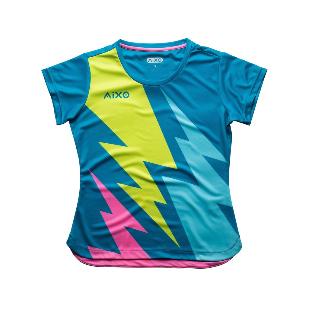 AIXO Bolt Women's Performance T-Shirt – Teal Blue Lightning Sport Top