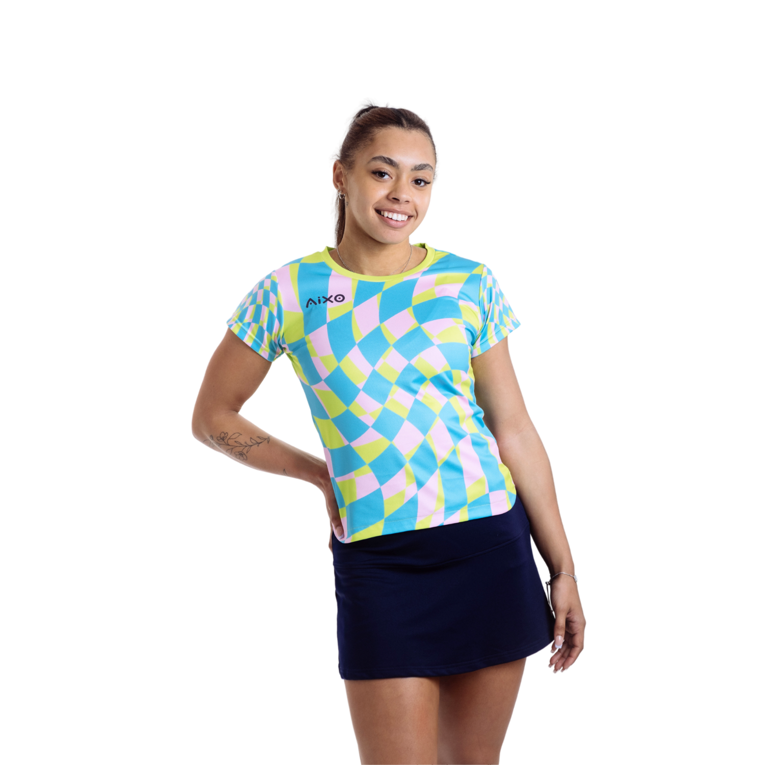 AIXO Checker Women's Racket Sports T-Shirt | Grey Monochrome Swirl