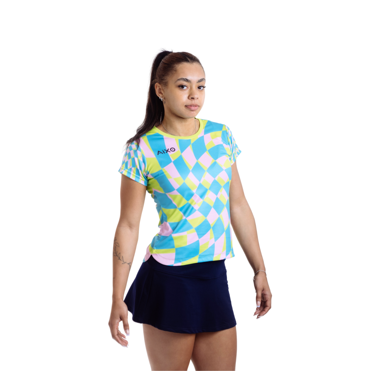 AIXO Checker Women's Racket Sports T-Shirt | Grey Monochrome Swirl