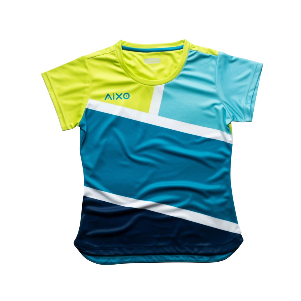 AIXO Court Women's Tennis T-Shirt – Teal Geometric Recycled Polyester