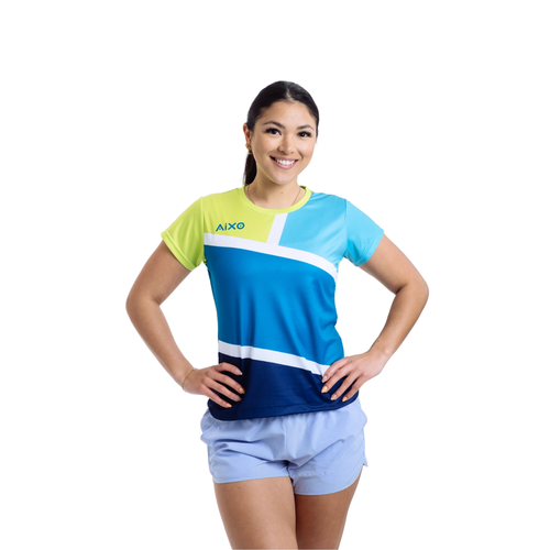 AIXO Court Women's Tennis T-Shirt – Teal Geometric Recycled Polyester