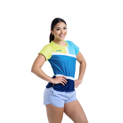 AIXO Court Women's Tennis T-Shirt – Teal Geometric Recycled Polyester