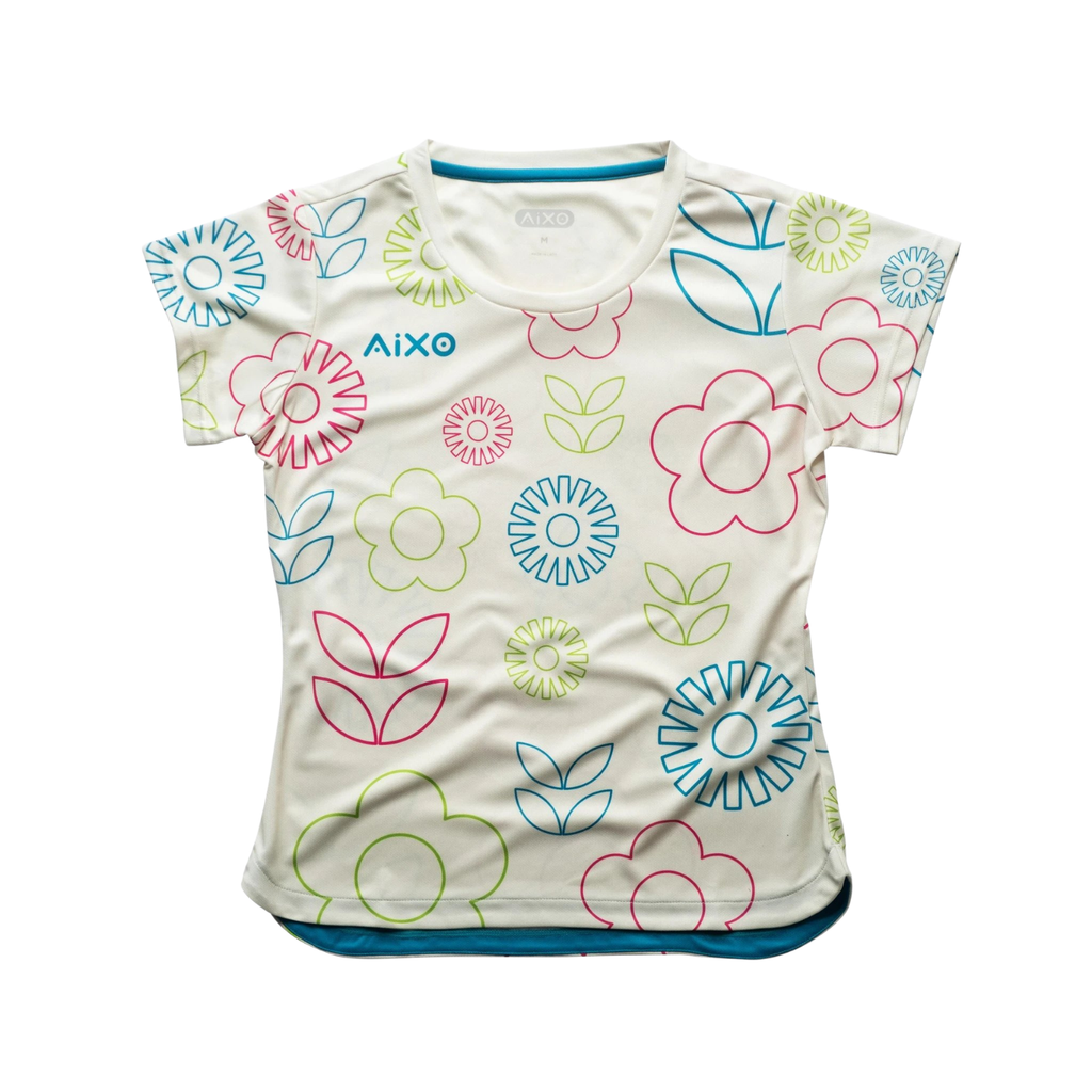 AIXO Women's Floral Tennis T-Shirt – Ivory Moisture-Wicking Top