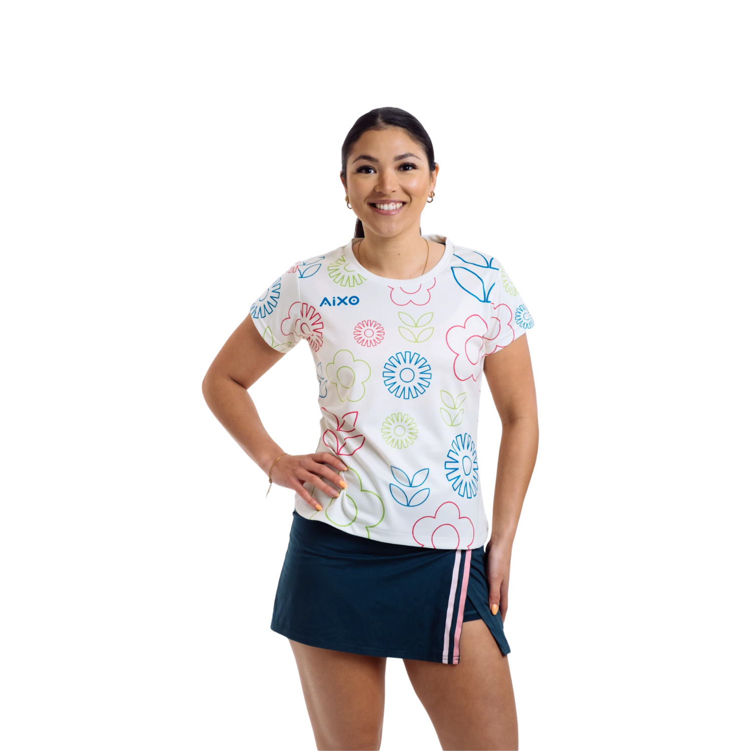 AIXO Women's Floral Tennis T-Shirt – Ivory Moisture-Wicking Top
