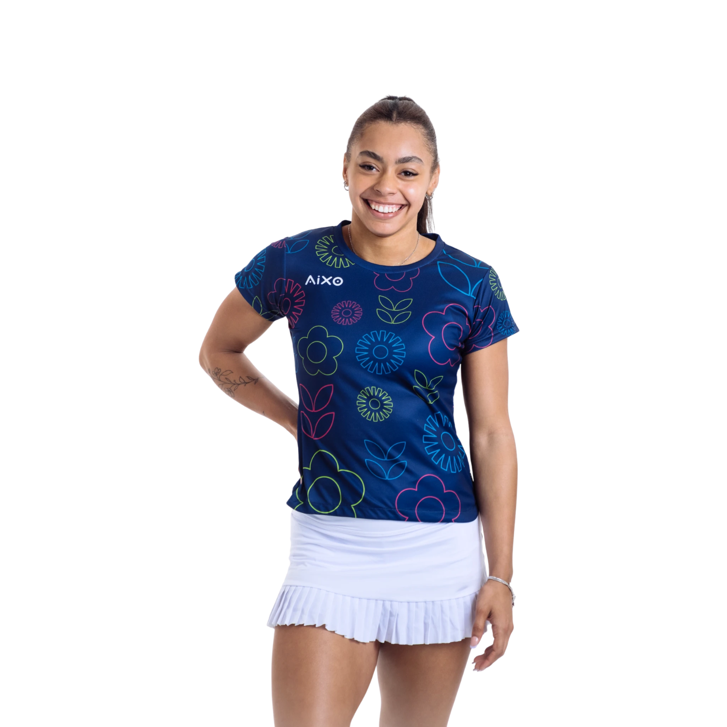 AIXO Spring Midnight Blooms Women's Tennis Shirt – Navy Floral