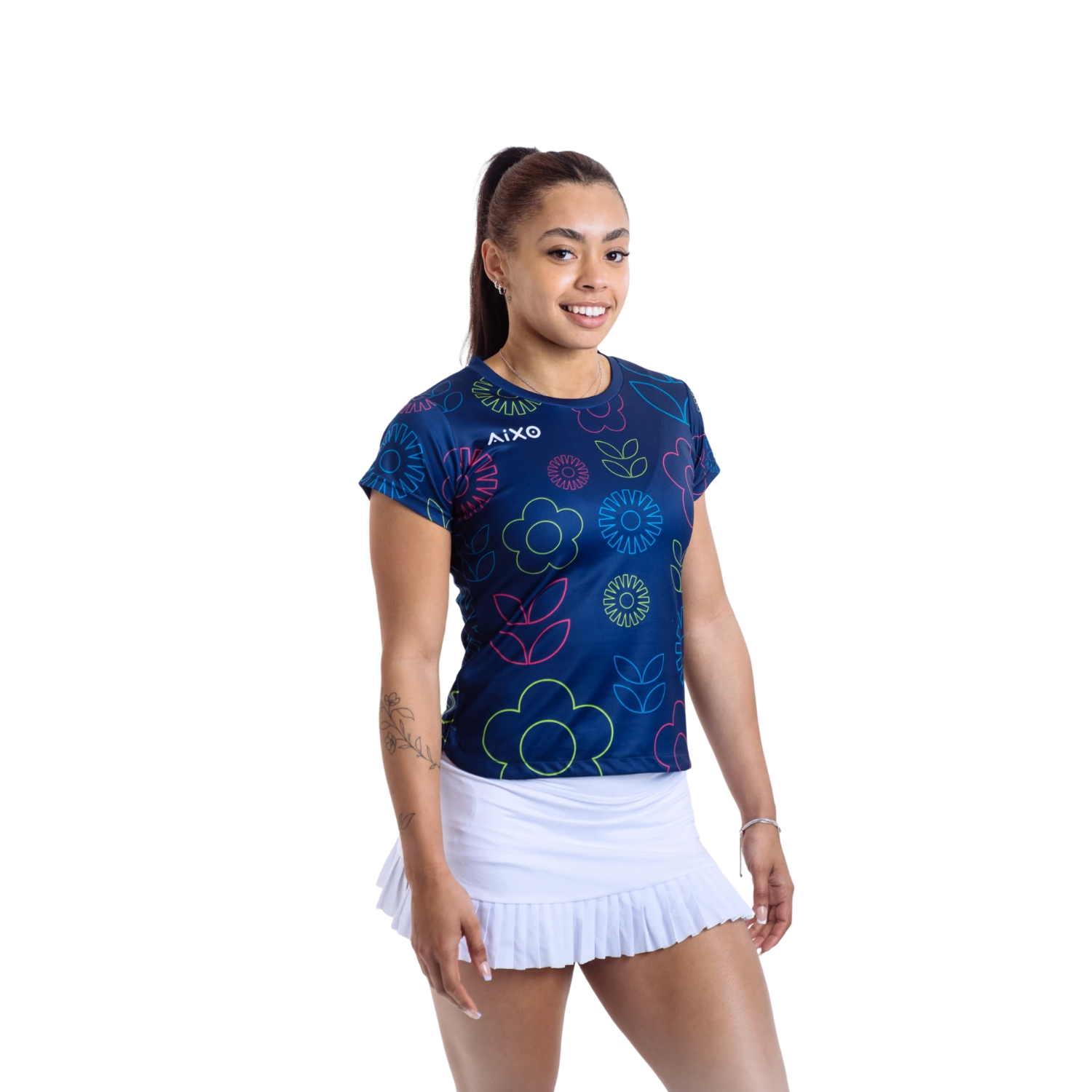AIXO Women's Floral Tennis T-Shirt – Ivory Moisture-Wicking Top