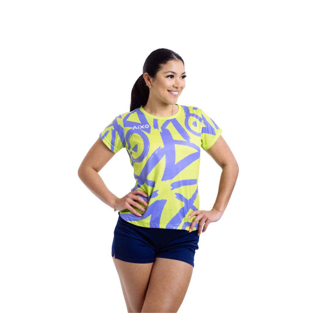 AIXO Tagged Women's Racket Sports T-Shirt | Lime Graffiti Print