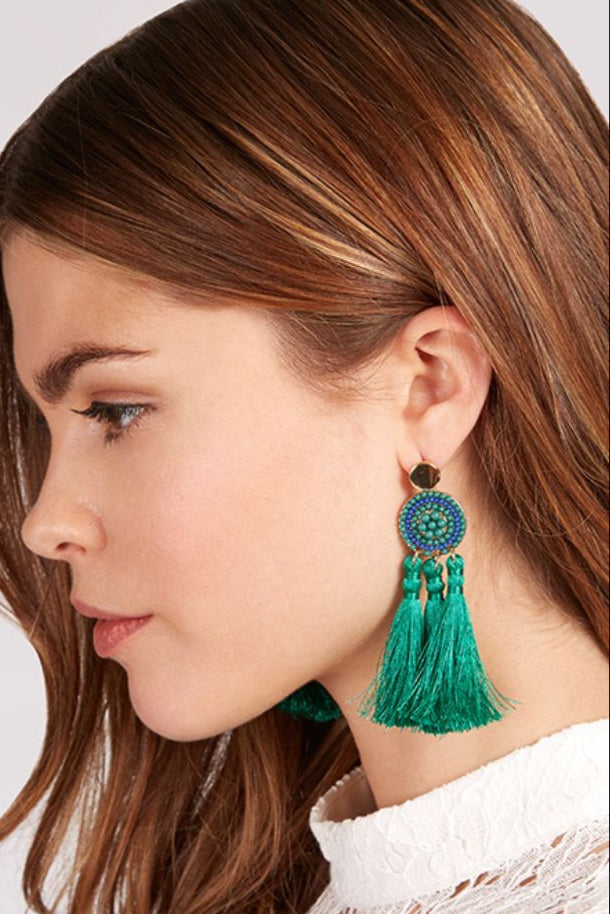 Austen Beaded 3Tassel Earrings - Green