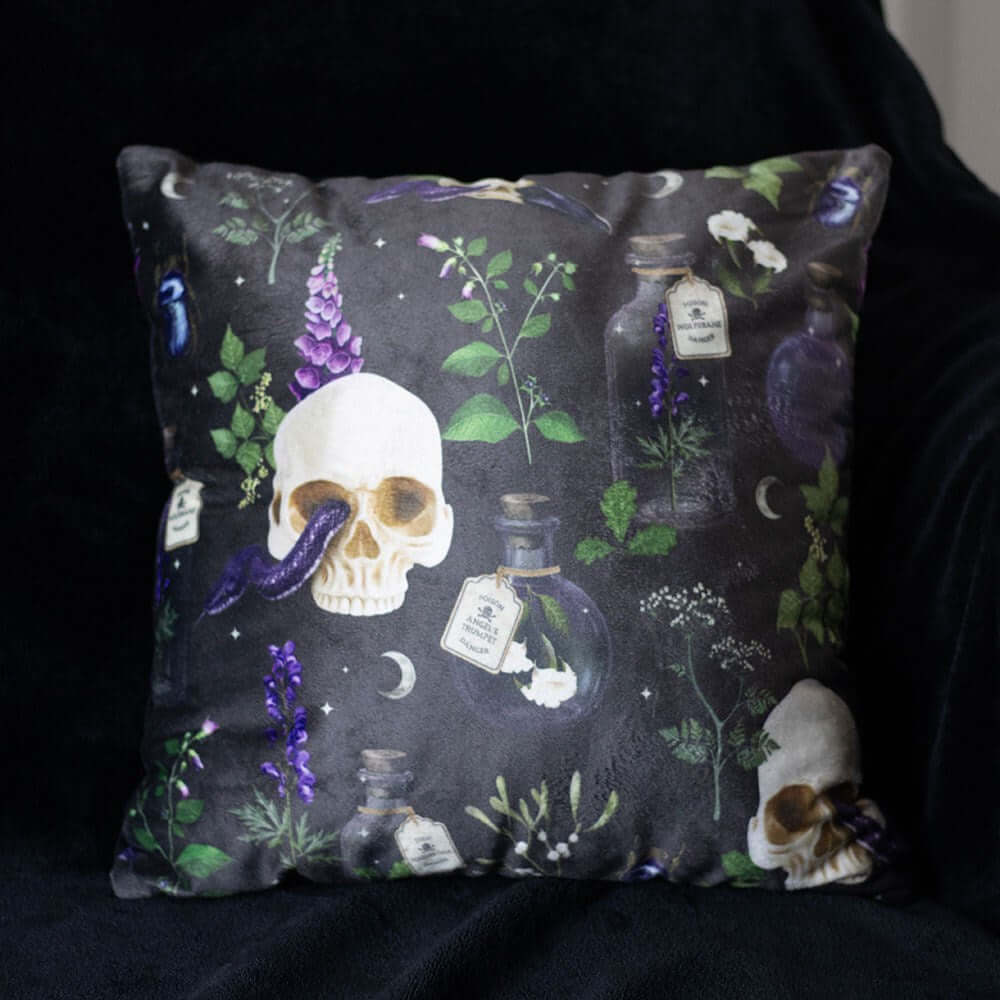 Kate's Clothing Venom & Vines Gothic Skull Print 35cm Square Cushion