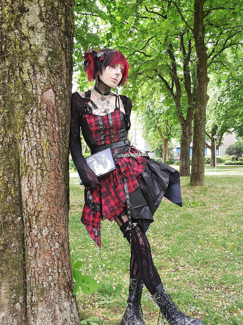 Dark in Love Red Tartan Corset Punk Dress with Handkerchief Skirt